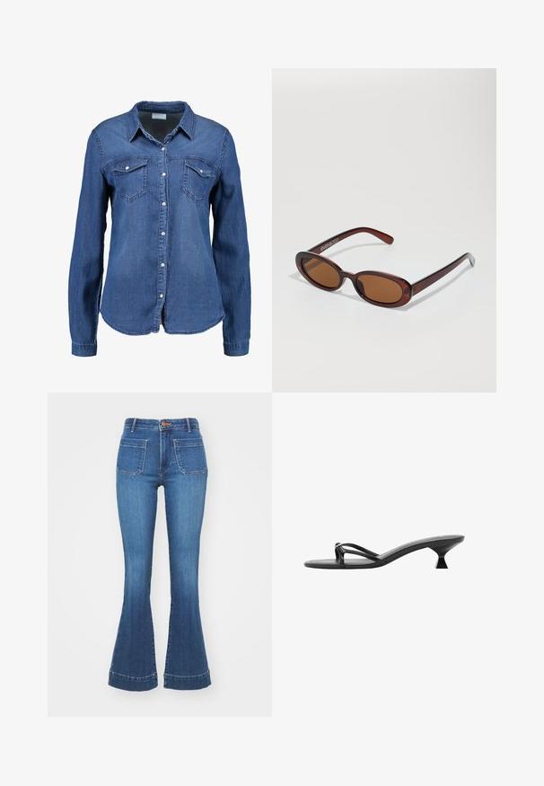 Denim košulja u srednje plavoj boji s dugim rukavima, dugmadi sprijeda, oštrom kragnom i dva džepa na prsima. Mekana tekstura s standardnim krojem.; Wrangler FLARE - Trapezaste traperice - azure sky; Crne sandale s petom koje se odlikuju elegantnim dizajnom, tankim trakama i jedinstvenom trokutastom petom. Glatka tekstura s minimalističkim izgledom.; Okvir okruglih, smeđkastih sunčanih naočala s sjajnim burgundskim okvirom. Uski nositelji s suptilnim brendiranjem. Ravna leća.