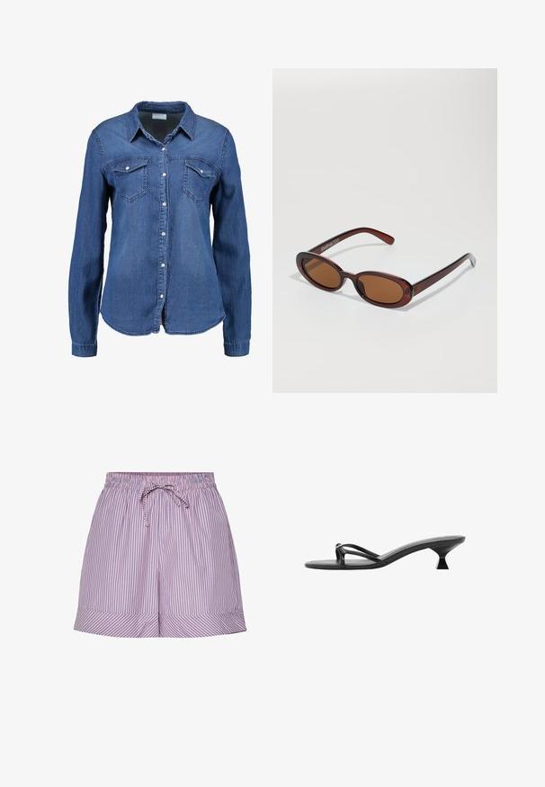Denimskjorta i medelblått med långa ärmar, knäppning framtill, spetsig krage och två bröstfickor. Mjuk textur med vanlig passform.; Randiga shorts i rosa och blått med elastiskt midjeband och dragsko. Har en bred fåll vid fållen och en lös passform.; Svarta klacksandaler med en strömlinjeformad design, tunna remmar och en unik triangulär klack. Slät textur med en minimalistisk look.; Runda, bruntonade solglasögon med en glansig bordeauxfärgad ram. Smala bågar med subtilt varumärkesdetalj. Platt linsdesign.