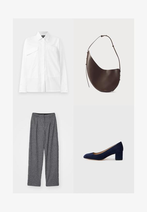 Bela srajca z gumbi z značilnim ovratnikom, dvema žepoma na prsih in dolgimi rokavi s gumbi na manšetah. Gladko blago z minimalno teksturo.; Sive karirane hlače z visokim pasom, širokimi hlačnicami in pliseji. Narejene so iz teksturirane tkanine z enobarvnim vzorcem.; Temno modri nubuk čevlji s koničastim nosom in srednje visokim blokom. Gladka tekstura z diskretnim sijajem in majhnim izrezom spredaj.; Rjava usnjena torbica s ukrivljeno obliko, enojnim ročajem in minimalističnim dizajnom. Ima subtilen logotip in zlate kovinske dodatke.