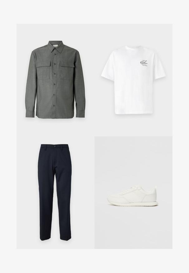 Gray button-up shirt features a structured collar, two chest pockets, and long sleeves with buttoned cuffs; textured fabric finish.; White cotton t-shirt with short sleeves, crew neck, featuring a black CK logo on the left chest area, standard fit, smooth texture.; Navy blue trousers made of smooth fabric, featuring a front button, straight-leg design, and side pockets. No patterns or embellishments visible.; White sneaker with a mesh and synthetic upper, round toe, flat laces, and a textured side stripe. Rubber sole with a pull tab at the back.