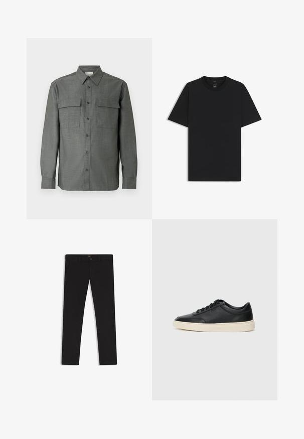 Grijze overhemd met knopen, voorzien van een gestructureerde kraag, twee borstzakken en lange mouwen met knoopmanchetten; textuurrijke stofafwerking.; Zwarte korte mouwen T-shirt van een gladde katoenmix, met een ronde halslijn en een minimalistisch ontwerp zonder patronen of accenten.; Zwarte broek van stof met een gladde textuur. Bevat een knoopsluiting, riemlussen en zijzakken. Standaard straight-leg ontwerp.; Zwarte leren sneaker met lage schacht, zwarte veters en off-white zool, weergegeven in zijprofiel op een witte achtergrond.