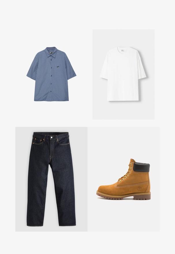 Kurzarm-Hemd mit Knöpfen im blauen Karomuster, mit einem weit geschnittenen Kragen und kleinem schwarzem Logo auf der linken Brust. Aus Baumwollmischung gefertigt.; Weißes kurzärmliges T-Shirt aus Baumwolle mit Rundhalsausschnitt und lockerer Passform. Glatte Textur, ohne sichtbare Muster oder Akzente.; Dunkelblaue Jeans aus Denim mit geradem Schnitt, fünf Taschen, kontrastierenden orangen Nähten und einem Knopfverschluss. Keine sichtbaren Muster oder Verzierungen.; Beige Wildleder-Ankle-Boot mit schwarzem gepolstertem Kragen, goldenen Metallösen, weißen Nähdetalben und einer robusten Gummisohle mit ausgeprägtem Profil.