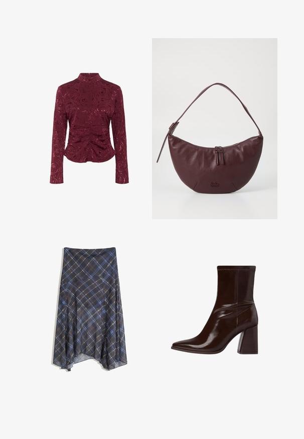Bordeaux langærmet top lavet af struktureret stof, med et rose-mønster og rynkede detaljer ved taljen for en tætsiddende silhuet.; Sort ternet nederdel med blå og brune linjer, flydende design, midt-længde, lavet af letvægtsstof med en glat tekstur.; Brun patentlæder ankelstøvle med spids tå, elastisk ankel og en chunky blokhæl. Slankt design med glat tekstur.; Mørkerød lædertaske med en buet design, der har en lynlåslukning, to lynlåsskuffer og et kort skulderrem. Detaljer inkluderer præget logo.