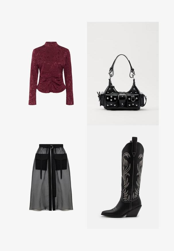 Burgundy långärmad topp i strukturerad tyg, med ett ros-mönster och rynkad detalj vid midjan för en figurnära siluett.; Svart genomskinlig kjol med en rynkad midja, utrustad med två stora framfickor, ett midjesnöre och en cirkulär metallaccent.; Svarta lädercowboystövlar med spetsiga tår, kilklackar och silverbroderade blommönster längs skaftet. Kontraststickning genom hela stöveln.; Svart läderhandväska med en kurvad design, prydd med silverfärgade nitar, ett spänne och två sidofickor. Justerbar rem för olika bäralternativ.