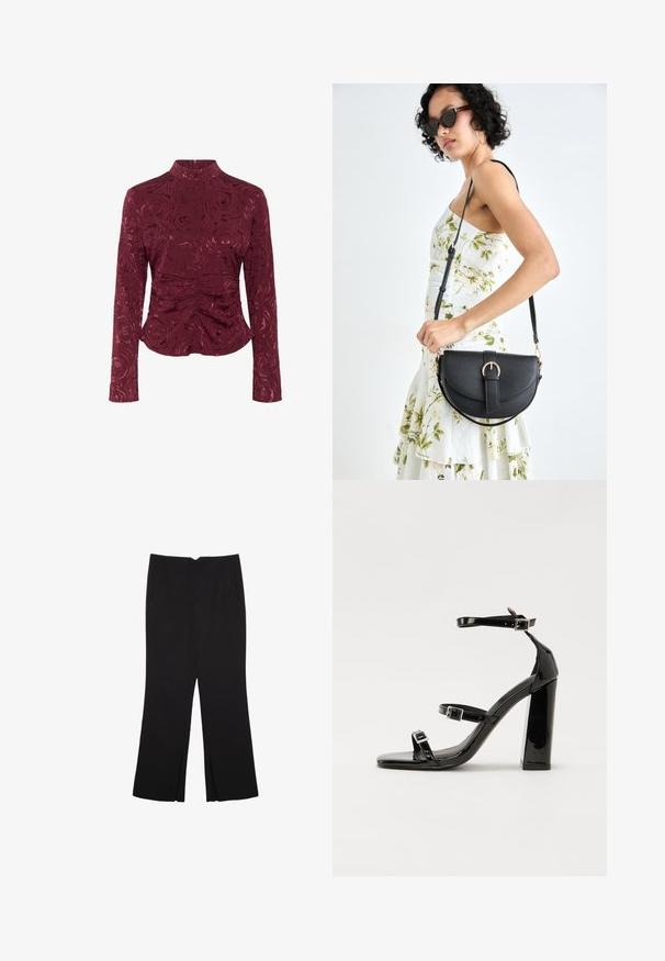 Bordo dugih rukava majica napravljena od teksturiranog materijala, s uzorkom ruža i naborima na struku za prilagodljiv siluetu.; Crne hlače ravnog kroja, s prednjim džepovima i bočnim prorezima na rubu. Izrađene od mekog i glatkog materijala. Pogodne za razne prigode.; Crne lakirane sandale na visoku petu s dva remena s kopčama, kvadratnim vrhom i masivnom blok petom, s glatkom, sjajnom teksturom.; Crna kožna torba s lukovitim oblikom, odvojivim remenom i zlatnim detaljima. Torba ima preklop s kopčom.