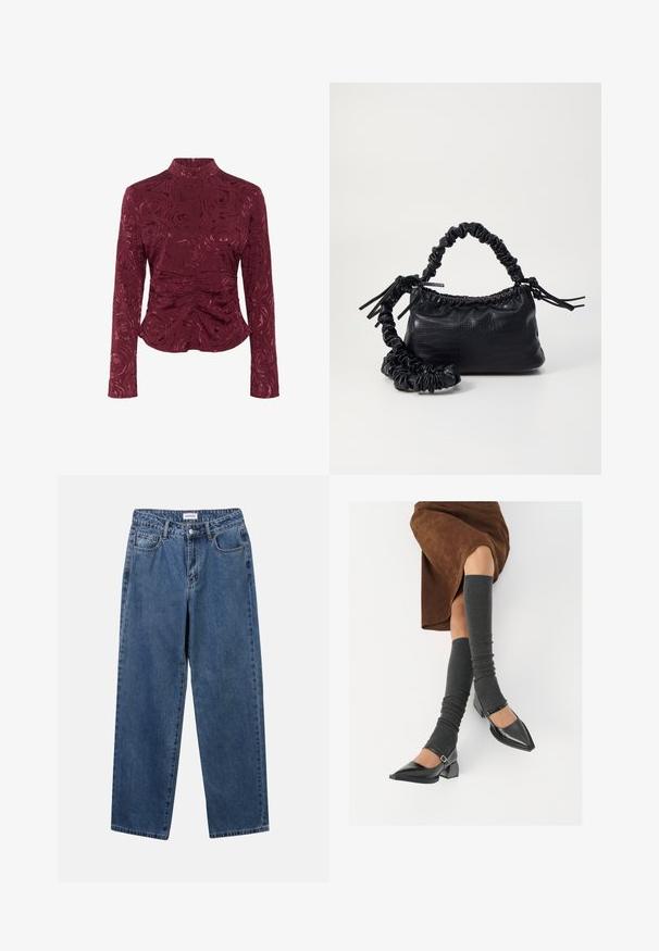 Bordeaux langærmet top lavet af struktureret stof, med et rose-mønster og rynkede detaljer ved taljen for en tætsiddende silhuet.; Klassiske blå denimbukser med lige ben, fem lommer og knaplukning. Har en medium vask og en robust tekstur.; Sorte patenterede lædersko med spids tå, blokhæl og ankelrem, kombineret med grå ribbede benvarmere og en brun ruskinds nederdel.; Sort kunstlæder håndtaske med krokodilteksur, indsnøret top og en sammenkrøben rem. Ser blød og kompakt ud i designet.