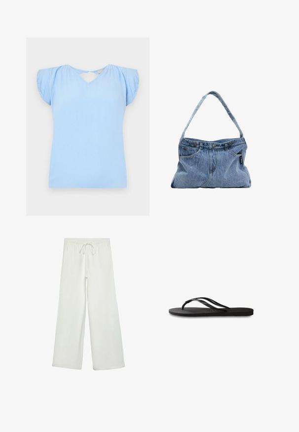Top bluastro a maniche corte con scollo a V e dettaglio di apertura sul retro. Realizzato in tessuto testurizzato con maniche leggermente a sbuffo. Fit regolare.; Pantaloni bianchi a gamba larga realizzati in un tessuto morbido. Presentano un elastico in vita con cordino e una consistenza liscia. Senza motivi visibili o accessori.; Infradito neri con suola in gomma testurizzata, due cinghie sottili e un sottile dettaglio del logo impresso sulla cinghia.; Borsa a spalla in denim con tracolla curva, due tasche frontali e cima con bottone, caratterizzata da un tessuto azzurro chiaro e dettagli di cucitura a contrasto.