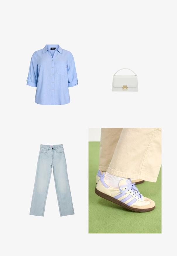 Svetlomodrá, krátkopsážna košeľa s gombíkmi a golierom, s jedným vreckom na hrudi a rukávmi so zrolovanou tabulou. Vyrobená z texturovaného materiálu.; Svetlomodré široké džíny vyrobené z denimu. Majú päť vreciek, gombíkový zips a vyblednuté detaily. Klasický rovný strih s voľným strihom.; Krémovo-fialové tenisky so tromi pruhmi a štruktúrovanou hnedou podrážkou, s šnúrkami a polstrovaným opätkom. Mäkký textilný zvršok.; Biela kožená kabelka so štruktúrovaným dizajnom, vybavená hornou rukoväťou a zlatou sponou. Hladká textúra a minimalistické akcenty.
