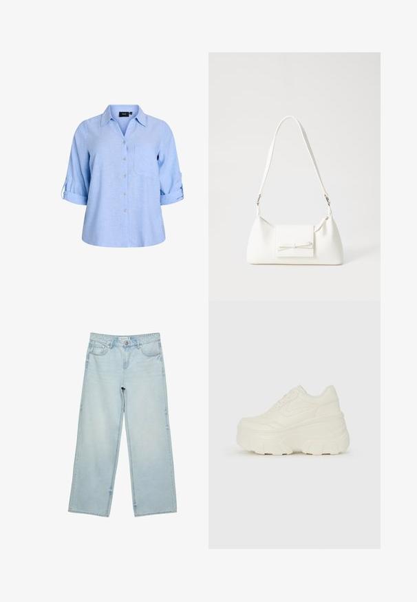 Jasnoniebieska, krótko rękawowa koszula zapinana na guziki z kołnierzykiem, jedną kieszenią na piersi i rękawami z możliwością podwinięcia. Wykonana z teksturowanej tkaniny.; Jasnoniebieskie jeansy o szerokich nogawkach, wykonane z denimu, z wysokim stanem, pięcioma kieszeniami i delikatnym efektem wyblaknięcia. Prosty krój z wykończonymi brzegami.; Białe sneakersy na platformie z gładkim, skórzano przypominającym wierzchem, zaokrąglonym kształtem, wyściełanym kołnierzem oraz teksturowaną gumową podeszwą z wyraźnym bieżnikiem.; Biała syntetyczna torba o trójkątnym kształcie, płaskim przednim klapce i detalach w postaci kokardy, regulowanym pasku, gładkiej fakturze oraz minimalistycznym designie.