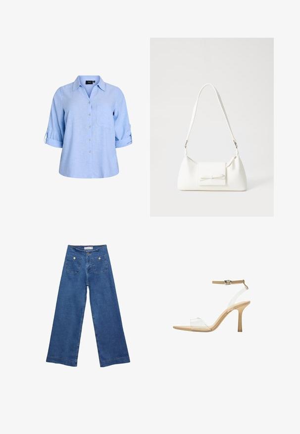 Svetlomodrá, krátkopsážna košeľa s gombíkmi a golierom, s jedným vreckom na hrudi a rukávmi so zrolovanou tabulou. Vyrobená z texturovaného materiálu.; Džínsy s širokými nohavicami v stredne modrej farbe, s dvoma prednými vreckami na gombíkovné zapínanie a šitými detailmi pozdĺž lemov.; Priehľadné sandále na vysokom podpätku s transparentným zvrškom, béžovou stielkou a štíhlym remienkom na členku. Majú špicatú špičku a tenký vysoký podpätok.; Biela syntetická kabelka s trojuholníkovým tvarom, plochým predným klapkou a detailom mašle, nastaviteľným popruhom, hladkou textúrou a minimalistickým dizajnom.