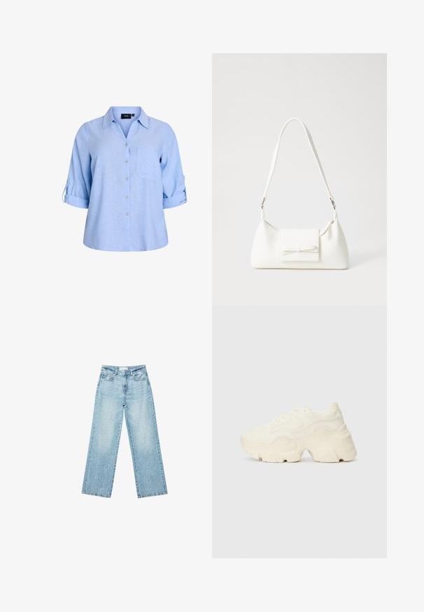 Ljusblå, kortärmad skjorta med knappar och krage, en bröstficka och uppvikta ärmar. Tillverkad av ett strukturerat tyg.; Ljusblå denim byxor med vida ben och hög midja, med en blekt tvätt och små, utspridda slitna detaljer genom hela plagget.; Tjocka vita sneakers gjorda av texturerat mesh och syntetiska material, med en tjock sula och intrikata mönsterdetaljer längs sidorna.; Vit syntetisk handväska med triangulär form, platt framklaff och rosettdetalj, justerbar rem, slät textur och minimalistisk design.