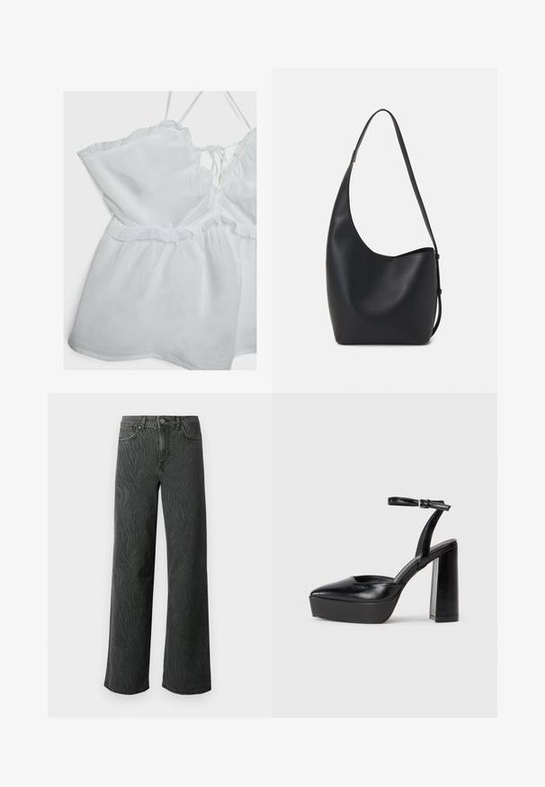 White sleeveless top with ruffled edge, adjustable straps, and a cinched waist. Made from lightweight fabric with a soft texture.; Wide-leg jeans in dark gray denim, featuring a subtle zebra-pattern texture, contrast stitching, and five-pocket design with a button fly.; Black platform heels with a pointed toe and adjustable ankle strap. Constructed from smooth leather, featuring a chunky block heel.; Black leather hobo bag with a smooth texture, curved shape, and single adjustable strap; features a wide opening at the top.