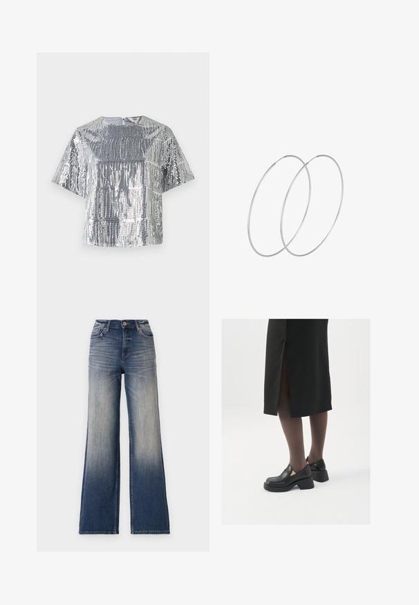 Silver sequin top with a loose fit, short sleeves, and a round neckline. Features a textured surface with vertical stripe patterns.; High-waisted wide-leg jeans in light to dark blue denim with fading, featuring a button closure and belt loops. Clean hem and no visible embellishments.; Black leather shoes with a rounded toe, thick block heel, and elastic side accents, paired with dark tights and a black skirt with a slit.; Silver hoop earrings with a minimalist design. Circular shape, smooth texture, and thin profile. Lightweight with a polished finish.