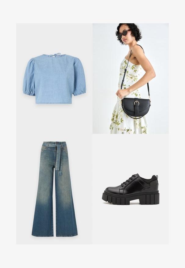 Light blue denim short-sleeve top with puffed sleeves, a round neckline, and a tie closure at the back. Smooth texture and cropped fit.; Wide-leg denim trousers featuring a light to dark blue gradient, high waist, belt loops, and a matching fabric belt. Textured denim finish.; Black leather platform shoes with a chunky block heel, round toe, and traditional lace-up design. Features smooth texture and minimal detailing.; Black leather handbag with a curved shape, detachable strap, and gold hardware. The bag features a flap with a buckle detail.