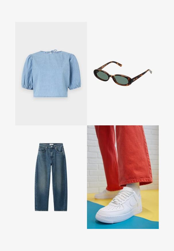 Svijetloplavi traper majica kratkih rukava s napuhanim rukavima, okruglim izrezom i vezanjem na leđima. Glatka tekstura i skraćeni kroj.; Tamno plave traperice s ravnim nogavicama, dizajnom od pet džepova i klasičnim zatvaranjem na dugme. Mehak materijal s blagim izbljeđivanjem.; Bijele kožne tenisice s perforiranim prednjim dijelom, teksturiranim đonom i bijelim vezicama, u kombinaciji s širokim crvenim hlačama i plavo-žutom pozadinom.; Sunčane naočale u boji kornjače s ovalnim okvirom i zelenim staklima. Imaju tanke ručke s metalnim detaljem blizu šarki.; Tkana žuta torba s zakrivljenom ručkom i neuređenim oblikom. Teksturirana površina sadrži uzorak u obliku križa.