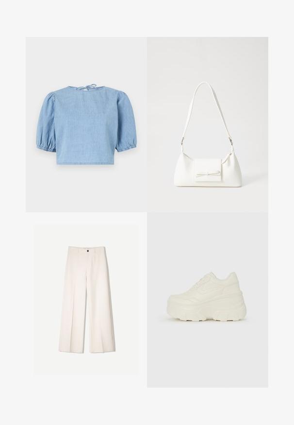 Light blue denim short-sleeve top with puffed sleeves, a round neckline, and a tie closure at the back. Smooth texture and cropped fit.; Cream wide-leg trousers with a tailored design, featuring two front pockets and a single front button closure, made from smooth fabric.; White platform sneakers featuring a smooth leather-like upper, rounded shape, padded collar, and textured rubber sole with defined treads.; White synthetic handbag with a triangular shape, flat front flap and bow detail, adjustable strap, smooth texture, and minimalistic design.
