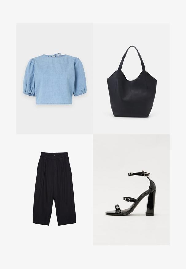 Vaaleansininen farkkupaita, jossa on lyhyet puffimaiset hihat, pyöreä pääntie ja nauhakiinnitys takana. Suora tekstuuri ja lyhyt malli.; Musta polyesterinen culotte-housut, jossa on joustava vyötärö, kaksi etupleettiä ja löysä siluetti. Ei näkyviä kuvioita tai metallisia yksityiskohtia.; Musta kiiltävä korkokenkä sandaalit neliönmuotoisella varpaalla, nilkkaremmillä ja hopeisilla soljilla. Varustettu tukevalla lohkokorkealla vakauden takaamiseksi.; Mustat kangaskassit, jotka on valmistettu sileästä nahasta, jossa on kaareva, avoin yläosa, kaksi olkahihnaa ja minimalistinen muotoilu.