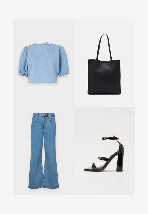 Ljust blå denim topp med korta ärmar och puffärmar, rund halsringning och knytning bak. Slät textur och kort modell.; Ljust blå vida jeans i denim, med hög midja, fem fickor och en enda knappstängning. Mjuk textur med blekt finish.; Svarta lackerade klacksandaler med fyrkantig tå, ankelremmar och silverfärgade spännen. Har en kraftig blockklack för stabilitet.; Svart lädertoffelväska med slät textur, rektangulär form och två långa handtag. Ingen synlig hårdvara eller dekorationer.