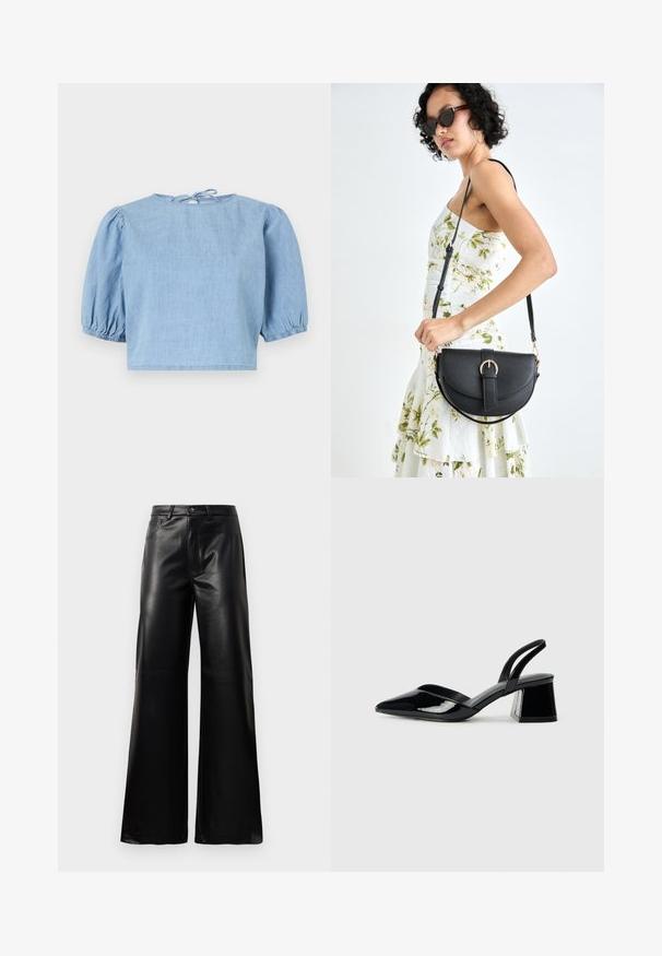 Világoskék farmer rövidujjú felső puffos ujjakkal, kerek nyakkivágással és hátul megkötős záródással. Simás textúra és cropped fazon.; Fekete, magas derekú, széles lábú, műbőr nadrág elülső gombbal, cipzárral, övbújtatókkal és oldalsó zsebekkel, fehér háttérrel.; Fekete lakk bőr szandálkés magas sarkú cipő, hegyes orral és geometrikus tömbsarkakkal. Karcsú, minimalista dizájn és sima textúra jellemzi.; Fekete bőrtáska ívelt formával, levehető pánttal és arany színű fémrészekkel. A táskán egy csattal díszített fedél található.
