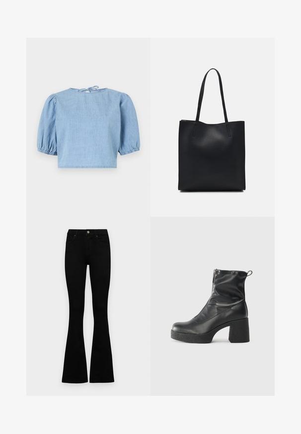 Šviesiai mėlynas džinsinis trumpo rankovės viršus su pūstomis rankovėmis, apvali iškirptė ir surišama užpakalinė dalis. Lygi tekstūra ir trumpas kirpimas.; Juodos aukšto liemens džinsai su mygtuku ir užtrauktuku, priekinėmis kišenėmis ir platėjančiomis kojomis, išdėstyti ant baltos fono.; Juodos kulkšninių botai, pagaminti iš lygaus odos, su šoniniu užtrauktuku, masyviu tekstūruotu kulnu ir apvaliu pirštu.; Juodas odinis tote krepšys su lygia tekstūra, stačiakampio formos ir dviem ilgais rankenomis. Matomų metalinių detalių ar puošybos nėra.