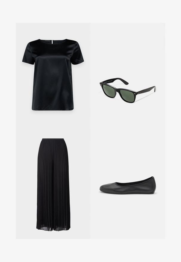 Melna satīna blūze ar īsām piedurknēm, apaļu kakla izgriezumu, gludu tekstūru un atslēgas cauruma aizmugurē. Viegls un nedaudz brīvāks piegriezums.; Melnas platas bikses ar elastīgu jostasvietu. Izgatavotas no viegla auduma, ar vertikālām locījumiem visā garumā.; Melna ādas baleta kurpe ar noapaļotu purngalu, gludu tekstūru, minimālu šuvju detalizāciju un elastīgu zoles dizainu.; Melnas plastmasas saulesbrilles ar zaļiem lēciem, kvadrātveida rāmjiem, sudrabainu akcentu uz uzacīm un teksturētām tempļu kājām. Zīmols norādīts uz iekšējās kājas.