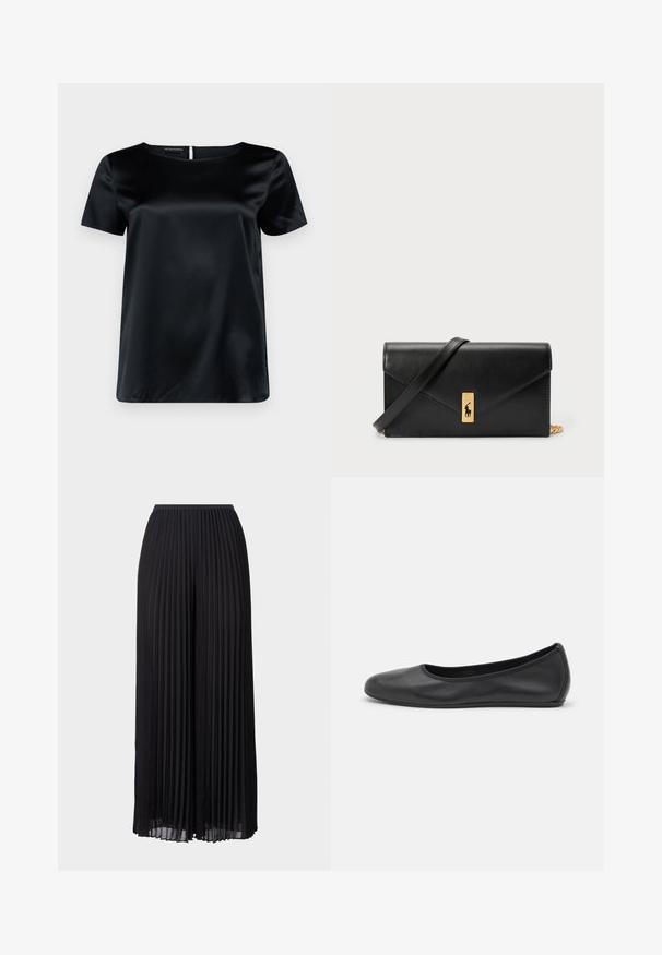 Črni satenski kratkosleevni pulover z okroglim izrezom, gladko teksturo in detajlom v obliki ključavnice na hrbtu. Izjemno lahek in nekoliko ohlapen kroj.; Črne široke hlače s pregibi in elastičnim pasom. Narejene so iz lahkotnega materiala in imajo navpične pregibe po celotni dolžini.; Črne usnjene balerinke z zaobljenim nosom, gladko teksturo, minimalnimi šivi in fleksibilno zasnovo podplata.; Črna usnjena denarnica s prepognjenim pokrovom, zlato okovje, ki vključuje poudarek z logotipom. Vključuje odstranjljivo naramnico za nošenje.
