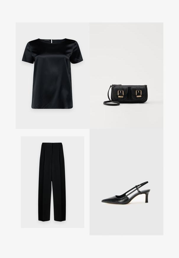 Svart sateng topp med korte ermer og rund hals, glatt tekstur og detalj med nøkkelhull bak. Lett og litt løs passform.; Svart vide bukser med høy livhøyde, med folder og en glatt tekstur. Stoffet virker lett og faller elegant.; Sorte patent slingback hæl med spids tå, featuring tekstureret slangeskind, justerbar rem og en kort, tekstureret blokhæl.; Svart skinn crossbody veske med to frontlommer, gyldne spenner, glidelåslukking og en slank stropp. Teksturert overflate og kompakt rektangulær form.