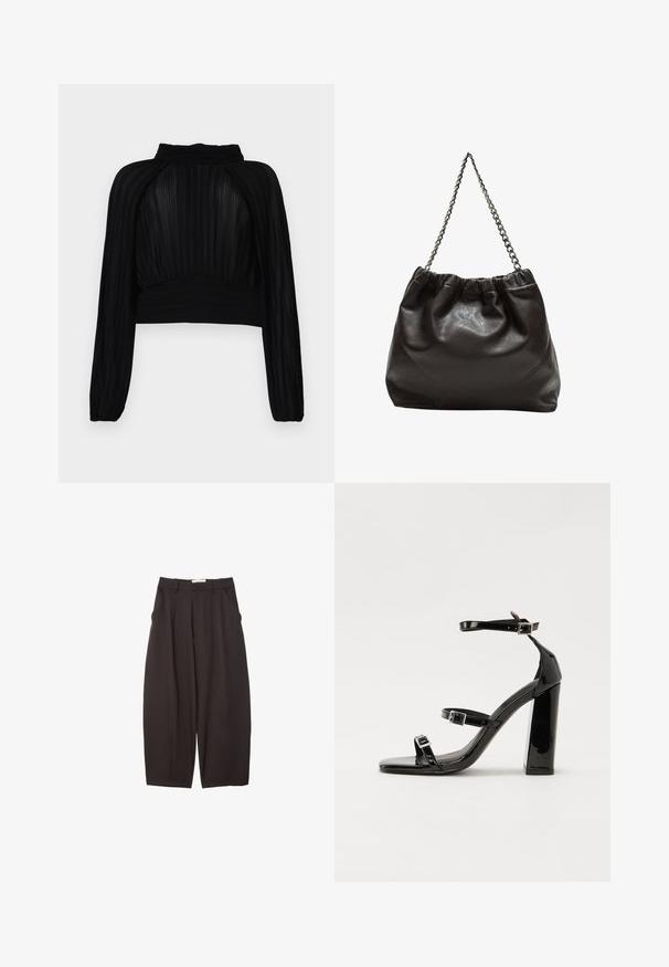 Črna kratka majica s plisejem, dolgimi rokavi, visokim ovratnikom in nabranjem na robu ter ramenih.; Črne široke hlače iz gladkega materiala, z visokim pasom, zgornjimi pregibi in stranskimi žepi. Preprost dizajn brez okrasnih elementov.; Črne lakirane sandale s peto, kvadratnim prstom, trakovi okrog gležnja in srebrnimi zaponkami. Opremljene so s stabilno Debelo peto.; Rjava usnjena torba z nabranim vrhom in verižnim trakom. Gladka tekstura z sijajno površino in subtilnimi šivi na straneh.