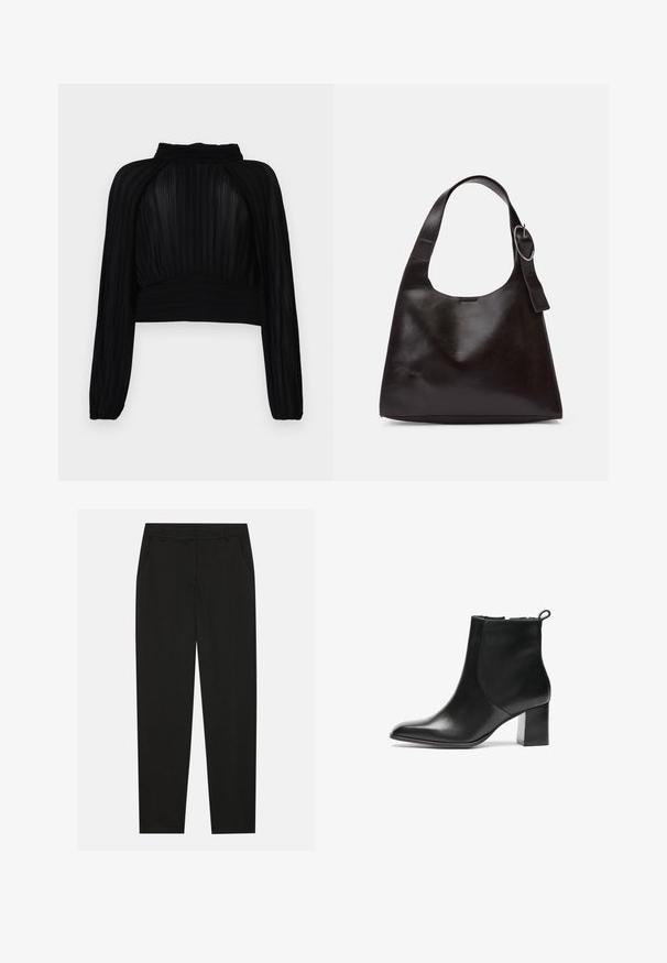 Juodas trumpas viršelis su klostuotu tekstūru, ilgomis rankovėmis, aukštu kaklu ir susiraukšlėmis apačioje bei ant pečių.; Juodos kelnes su pritaikytu dizainu, turinčios šonines kišenes ir tiesią koją. Pagamintos iš lygaus, lengvo audinio su blizgiu paviršiumi.; Juodos odinės aulinės botai su apvalia nosimi, vidutinio aukščio blokuotais kulnais ir kilpeliu gale. Lygi tekstūra, minimalistinis dizainas.; Ruda odinė petinė kuprinė su lygiu paviršiumi, apvalia forma, plačia juosta ir apvaliu metaliniu akcentu ant rankenos.