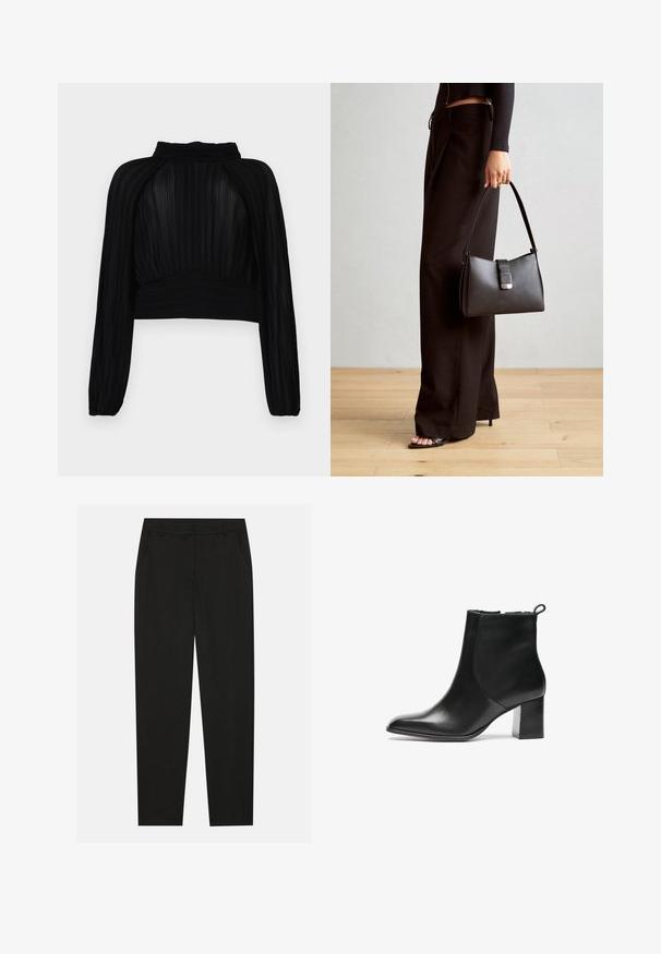 Black cropped top with pleated texture, long sleeves, high neckline, and gathered detailing at the hem and shoulders.; Black trousers with a tailored design, featuring side pockets and a straight leg. Made from smooth, lightweight fabric with a sleek finish.; Black leather ankle boot with a rounded toe, a mid-height block heel, and a pull tab at the back. Smooth texture, minimal design.; Black handbag with structured shape, smooth texture, and a metallic clasp. Paired with wide black pants and open-toe sandals on wooden floor.