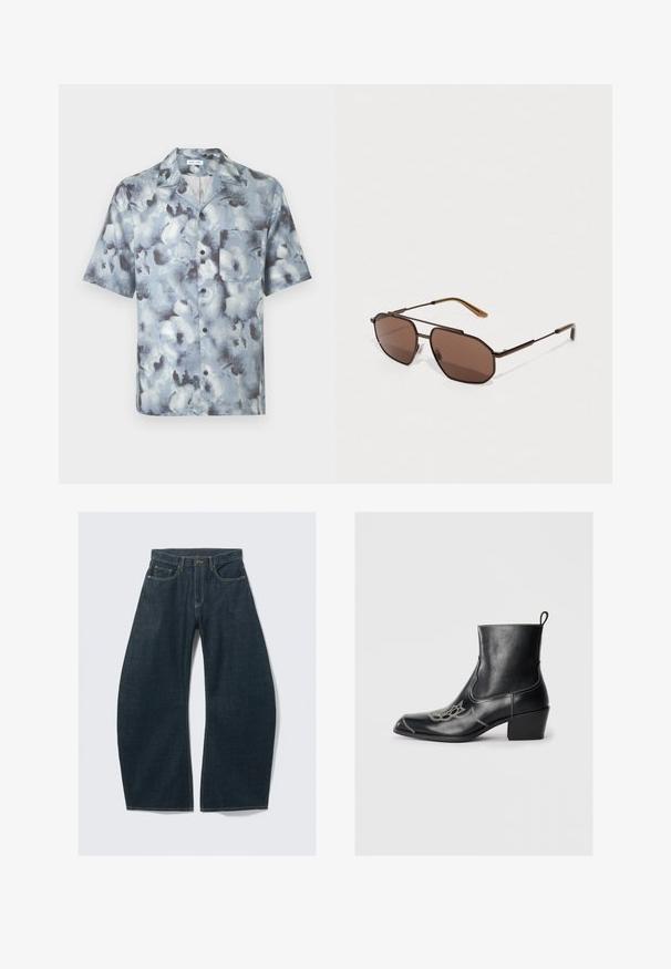 Košeľa na gombíky s krátkym rukávom, s roztiahnutým golierom a náprsným vreckom, v modro-sivom abstraktnom vzore pripomínajúcom oblak.; Tmavomodré džínsy s širokými nohavicami vyrobené z denimu, obsahujúce päť vreciek, viditeľné švy, zapínanie na gombík a čistý vzhľad.; Čierne kožené členkové topánky so štvorcovou špičkou, ozdobným prešívaním a nízkym blokovým podpätkom. Obsahuje pútko pre jednoduché obúvanie.; Hnedé osemuholníkové slnečné okuliare s tenkým čiernym kovovým rámom, ozdobené hnedými ramenami. Tmavé tónované šošovky zabezpečujú ochranu pred UV žiarením.