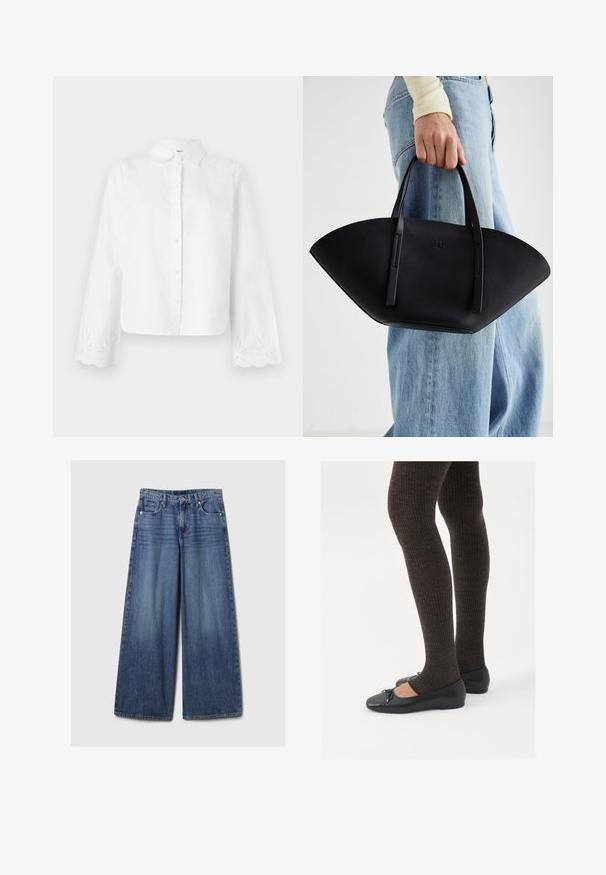 Valkoinen nappipaita, jossa on terävä kaulus, pitkät hihat, joissa on aaltoilevat reunat ja brodeerattuja kukkakuoseja hihansuissa.; Vaaleansiniset, leveälahkeiset farkut, joissa on haalistunut viimeistely. Ne sisältävät napin ja vetskarin, viisi taskua sekä vyölenkit.; Mustat matalat kengät, joissa on pieni nauha varpaissa, yhdistettynä tummanruskeisiin ribattuisiin sukkahousuihin. Kengissä on sileä pinta ja matala profiili.; Musta nahkainen käsilaukku, jossa on ainutlaatuinen tuulihattukuvio, jossa on litteät kahvat. Pinnassa on karkeapintainen rakenne ja minimalistinen muotoilu.