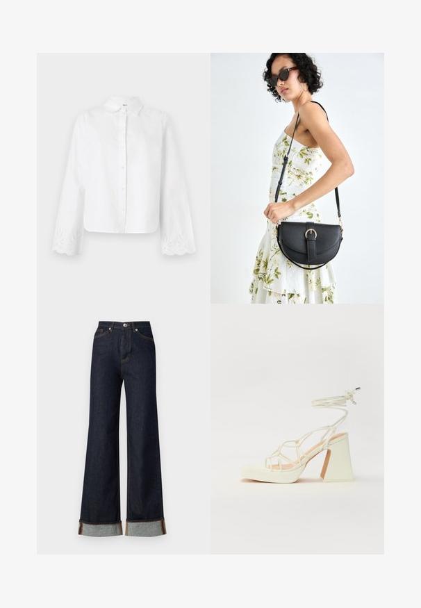 White button-up shirt with a pointed collar, long sleeves featuring scalloped edges and embroidered floral patterns at the cuffs.; Vero Moda VMTESSA WIDE FOLD UP - Wide Leg - dark blue denim; White high-heeled sandal with a chunky heel, featuring a strappy design and ankle tie. Smooth texture with a platform front for added height.; Black leather handbag with a curved shape, detachable strap, and gold hardware. The bag features a flap with a buckle detail.