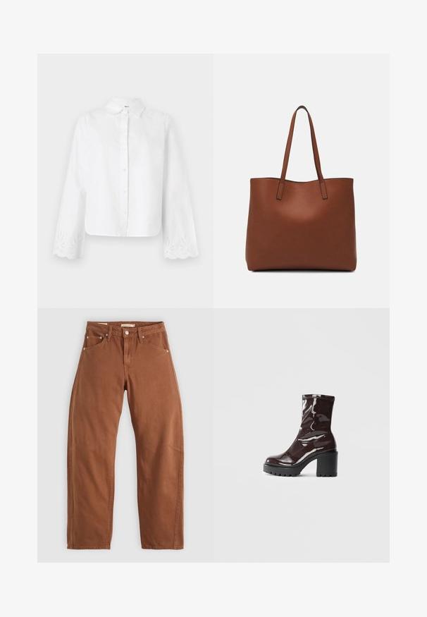 Bijela košulja s dugim rukavima i oštrim ovratnikom, koja ima scalloped rubove i izvezene cvjetne uzorke na manžetama.; Traperice ravnog kroja u smešnoj smešnoj smešnoj boji, s prednjim i stražnjim džepovima, metalnim zakovicama, kopčanjem na dugme i petljama za remen, položene ravno na beloj pozadini.; Sjajna burgundska čizma do gležnja s debelim crnim potplatom, koja se odlikuje glatkom teksturom i jednostavnim dizajnom. Nema vidljivih kopčanja ili uzoraka.; Smeđa kožna torba preko ramena s glatkom teksturom, otvorenim vrhom i dvjema naramenicama. Ima minimalne šavove i nema vidljivog hardvera.