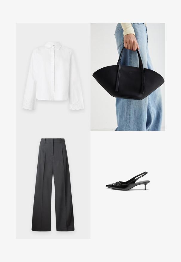 Balta marškiniai su atverstais apykaklėmis, ilgomis rankovėmis, kurių kraštai yra banguoti ir išsiuvinėti gėlių raštais ant rankogalių.; Tamsiai pilkos plačios kojos kelnės, turinčios aukštą liemenį, vieną raukšlę ir sklandžią tekstūrą su tvarkingais kraštais.; Juodos odinės slingback aukštakulniai su smailiu nosiu, mažais katės kulnais ir dekoratyvine mazgo detale priekyje. Visas paviršius lygus.; Juodas odinis rankinis uždangalas unikaliu ventiliatoriaus formos dizainu, turintis plokščias rankenas. Paviršius turi akmeninė tekstūrą ir minimalistišką dizainą.