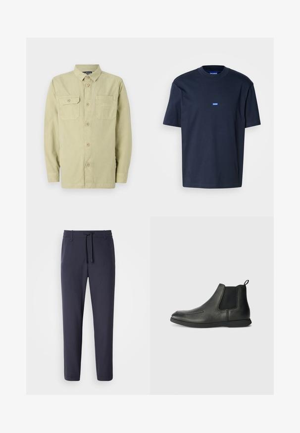 Helle grüne Langarmbluse mit Kragen, zwei Brusttaschen, durchgehender Knopfleiste und lässiger Passform. Hergestellt aus strukturiertem Stoff.; Marineblaue Baumwollt-shirt mit Rundhalsausschnitt, kurzen Ärmeln und einem kleinen blauen Logo auf der Brust. Glatte Textur, entspannte Passform.; Navy Jogginghosen mit einem elastischen Bund und Kordelzug. Aus glattem Material gefertigt, mit schmal zulaufenden Beinen und ohne sichtbare Taschen.; Schwarze Leder-Ankle-Boots mit glatter Textur, elastischen Seitenpanelen und einer Zuglasche auf der Rückseite. Rundspitze und Gummisohle.