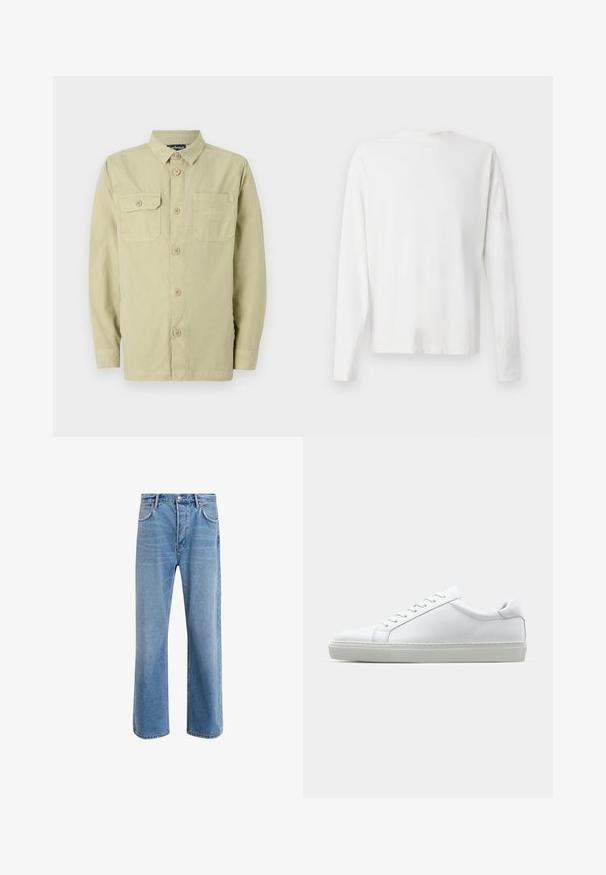 Lichtgroen overhemd met lange mouwen en een kraag, twee borstzakken, knoopsluiting aan de voorkant en een ontspannen pasvorm. Gemaakt van een gestructureerde stof.; Witte katoenen blouse met lange mouwen en een ronde halslijn, met zijsplitten aan de onderkant en een gladde textuur, vanuit de achterkant weergegeven.; Lichtblauwe denim jeans met een straight-leg ontwerp, vijf zakken, knoopsluiting, minimale vervaging en contrasterende stikseldetails.; Witte sneaker met een gladlederen bovenwerk en een laag profiel. Voorzien van een ronde neus, zes vetergaatjes en een gestructureerde rubberen zool.