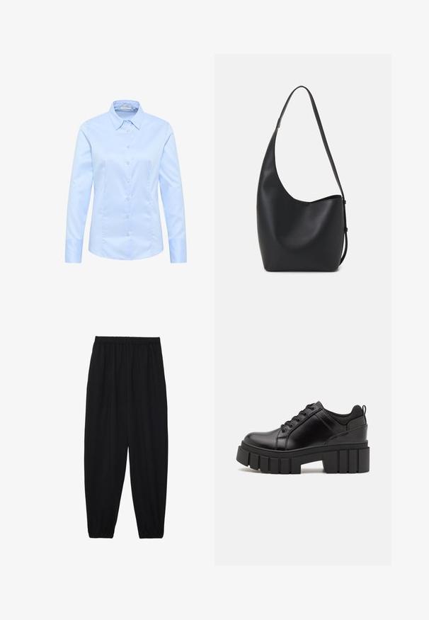 Lys blå langærmet skjorte med struktureret krave, frontknapper og en glat, poleret bomuldsstruktur. Slim fit med manchetter.; Sort, lette bukser med elastisk talje og sammenfoldede ankler. Stoffet er glat og har et afslappet, indsnævret design.; Sorte læder platform sko med en klodset blokhæl, rund tå og traditionelt snøredesign. Har en glat tekstur og minimal detaljering.; Sort læder hobo taske med en glat overflade, buet form og en enkelt justerbar rem; har en bred åbning øverst.