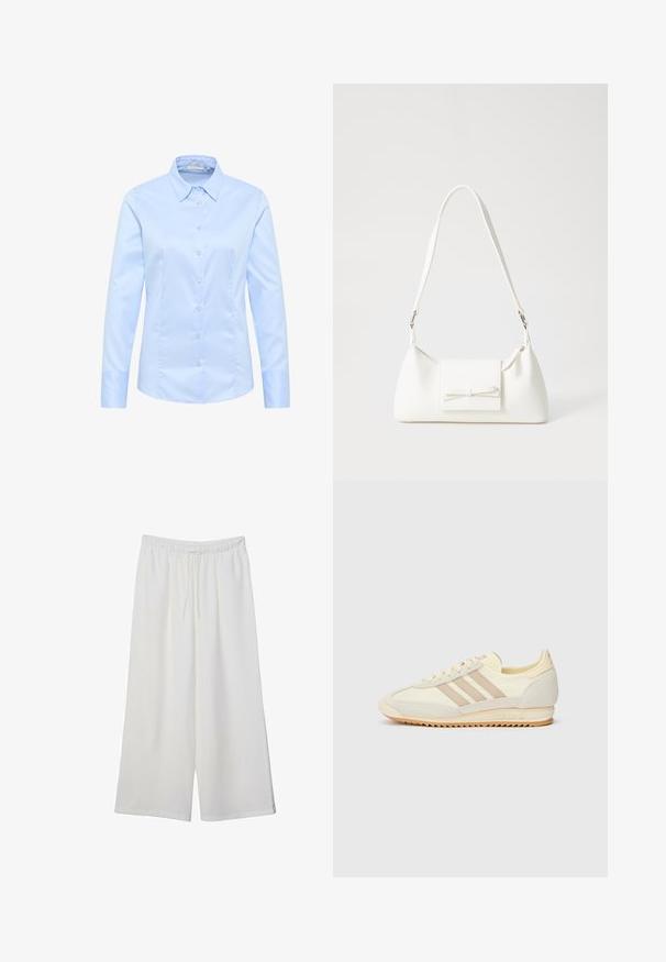 Helles blaues Langarmhemd mit strukturiertem Kragen, Knöpfen auf der Vorderseite und einer glatten, glänzenden Baumwolloberfläche. Schmaler Schnitt mit angeschnittenen Ärmelabschlüssen.; Weiße, weit geschnittene Hosen aus leichtem Stoff, mit einem elastischen Bund und einem Zugband für eine verstellbare Passform. Glatte Textur.; Cremefarbene sportliche Sneakers mit drei beigen Streifen, aus Wildleder und Textilmaterialien, einer strukturierten Sohle und geprägtem Branding an der Ferse.; Weiße synthetische Handtasche in dreieckiger Form, flache Vorderklappe und Schleifendetail, verstellbarer Trageriemen, glatte Textur und minimalistisches Design.