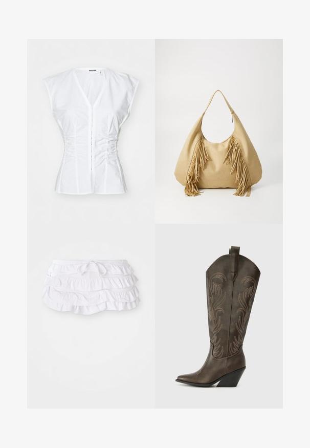 Hvid bomuldsbluse med korte capærmer, tætsiddende design, V-hals, knaplukning foran og samlet detaljering langs siderne.; Hvid rynket svømmedragt med flere lag, der har en justerbar snøre i taljen. Blødt stof med en glat tekstur.; Brune læder cowboystøvle med spids tå, kilehæl og dekorativ broderi. Har en høj stok og en trækflap.; Tan ruskind skuldertaske med en stor åbning og lange frynse detaljer på begge sider, kendetegnet ved en glat tekstur og et enkelt håndtag.