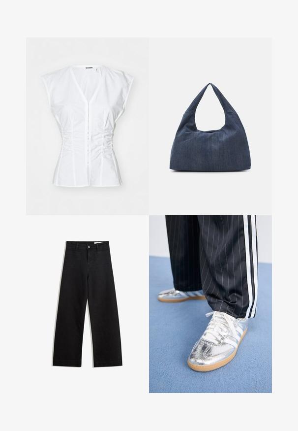 White cotton blouse with short cap sleeves, fitted design, V-neck, front button closure, and gathered detailing along the sides.; Black wide-leg denim pants with a high waist, featuring front and back pockets, stitched seams, and a button closure. Smooth texture.; Metallic silver sneakers with white laces and three white stripes, paired with black pinstriped pants. Gum sole accent at the bottom.; Dark blue denim bag with a soft, slouchy shape, featuring a hobo-style handle and textured surface. No visible hardware accents.