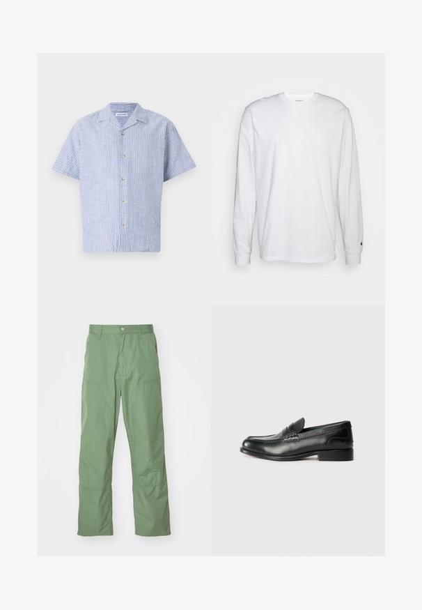 Camicia a maniche corte a righe verticali blu e bianche, con colletto e chiusura a cinque bottoni, realizzata in un tessuto leggero.; T-shirt bianca a maniche lunghe realizzata in cotone. Design con collo rotondo, polsini a costine e un piccolo logo sulla manica sinistra. Texture liscia.; Pantaloni verdi chiaro, dal taglio morbido, caratterizzati da una superficie liscia, con tasche laterali e dettagli di cucitura in vista. A lunghezza intera con un design a gamba dritta.; Mocassini in pelle nera con finitura liscia, dettagli cuciti sulla parte superiore e tacco leggermente rialzato.