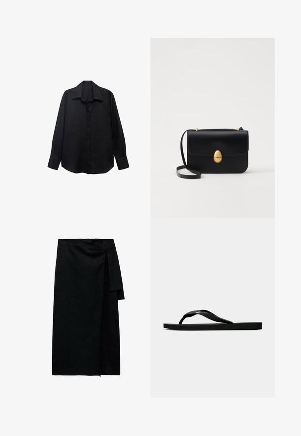 Czarna, długosleeve koszula z teksturowanej tkaniny, z wyprostowanym kołnierzykiem, zapięciem na guziki i luźnym krojem. Manżety są wykończone pojedynczym guzikiem.; Czarna spódnica typu wrap z teksturowanej tkaniny, z zapięciem na boczny sznurek, prostym kroju i wykończonym dołem z delikatnym strzępieniem.; Czarne gumowe klapki z teksturowanym paskiem i prostą płaską podeszwą, przedstawione z boku na jasnym jednolitym tle.; Czarna skórzana torba na ramię o strukturalnym prostokątnym kształcie. Posiada złoty owalny zamek i cienki pasek na ramię. Gładka faktura.