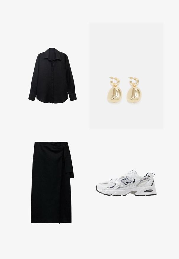 Crna košulja dugih rukava od teksturirane tkanine s oštrim ovratnikom, prednjim kopčanjem na dugmad i slobodnim krojem. Manšete su krojene s jednim dugmetom.; Crna suknja od teksturirane tkanine s bočnim vezanjem, ravnog kroja i završnim rubom s laganim stršanjem.; Bijela atletska cipela s mrežastim gornjim dijelom, mornarskim akcentima i podstavljenim potplatom. Sadrži "N" logo, vezice i teksturirani detalj sa strane.; Zlatne kružne naušnice s glatkim, zaobljenim privjescima s reflektirajućom završnom obradom, obješene na teksturiranoj kružnoj kopči.