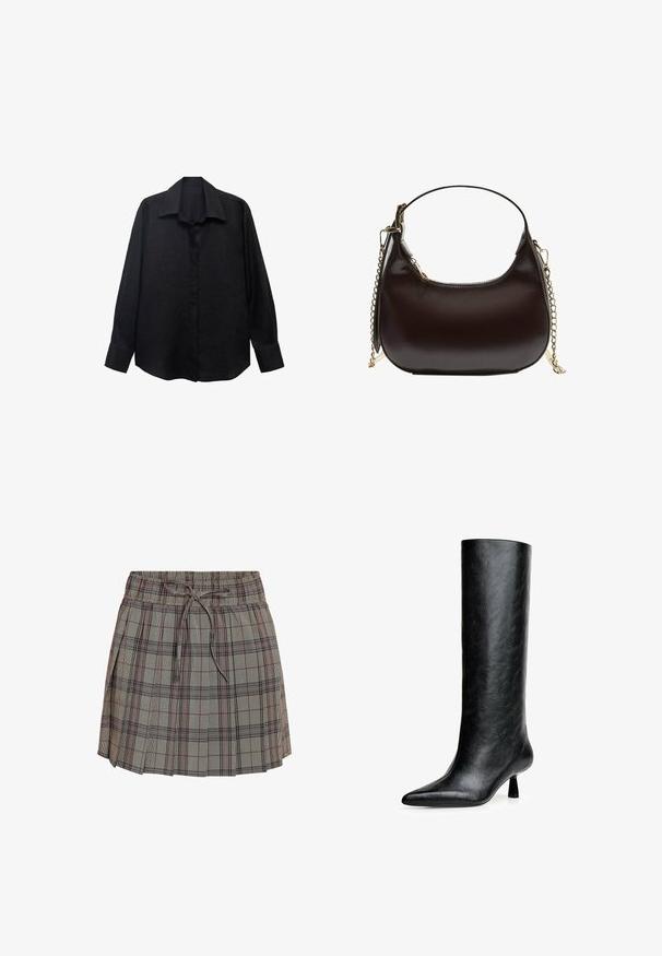 Black long-sleeve shirt made of textured fabric with a pointed collar, button front, and loose fit. Cuffs are tailored with a single button.; Plaid skirt with an elastic waistband and adjustable drawstring. Features a light gray base with black and red checkered patterns.; Black knee-high boot made from textured leather. Features a pointed toe and a small, flared heel. Sleek, smooth design with minimal accents.; Black leather shoulder bag with a curved silhouette, featuring a gold chain strap and a smooth, glossy finish.