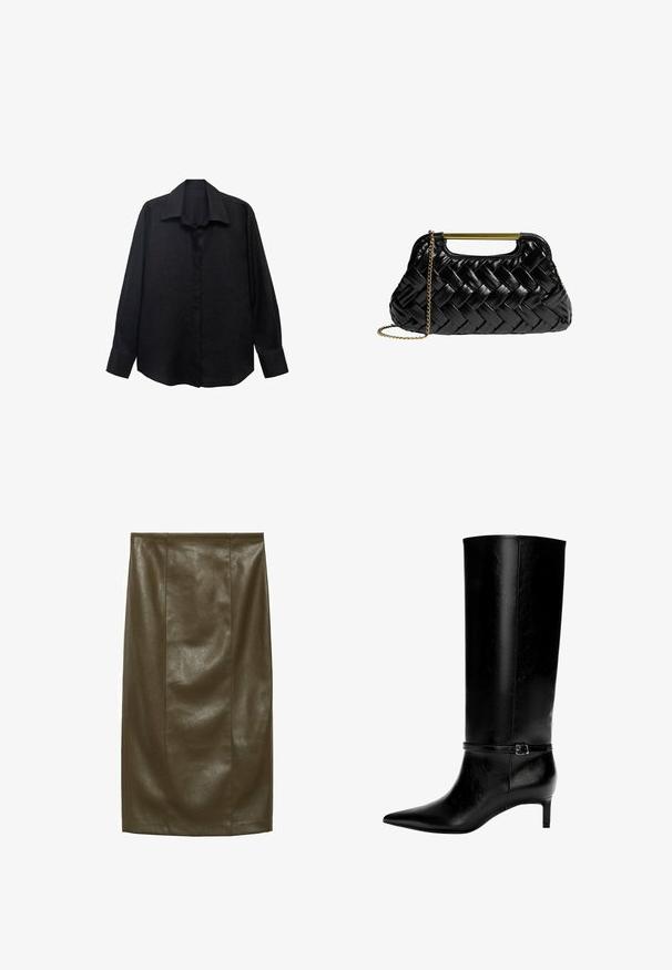 Black long-sleeve shirt made of textured fabric with a pointed collar, button front, and loose fit. Cuffs are tailored with a single button.; Olive green faux leather pencil skirt with a smooth texture, knee-length, featuring vertical seams for a tailored look.; Black leather knee-high boot with pointed toe and a small heel. Features a narrow strap with a metallic buckle around the ankle. Smooth texture.; Black woven leather handbag with a gold metallic handle and a removable chain strap. Features a glossy finish and soft, rounded shape.