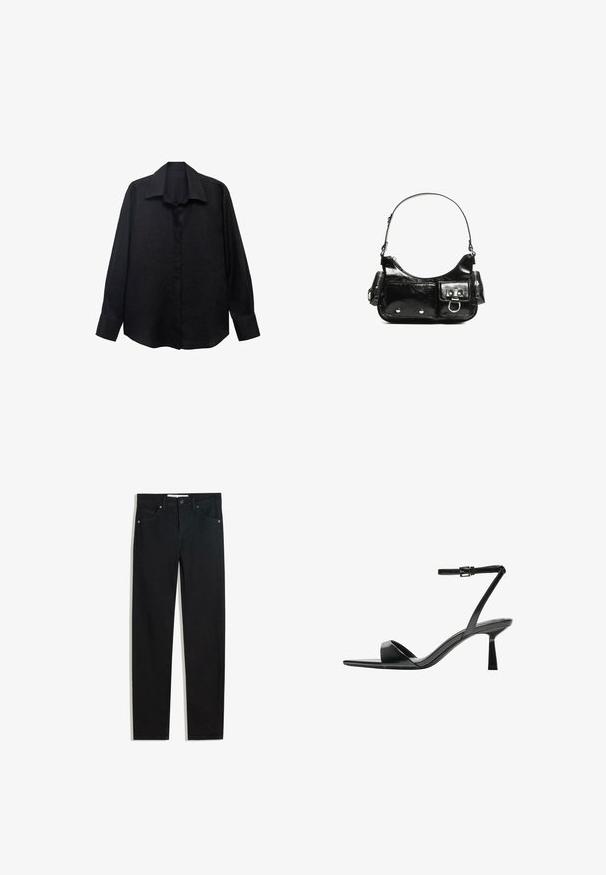 Sorte langærmede skjorte lavet af tekstureret stof med spidse kraver, knaplukning foran og løs pasform. Ærmeafslutningerne er tilpasset med en enkelt knap.; Sorte denimbukser med lige ben, fem lommer, metalknaplukning og diskrete syningsdetaljer. Glat tekstur.; Bershka Højhælede sandaletter / Højhælede sandaler - black; Sort patenteret læder håndtaske med en buet form, en skulderrem, frontlommer og hardware accenter i sølvfarve.