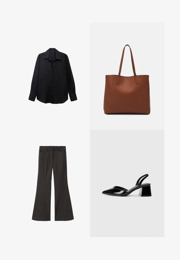 Camicia nera a maniche lunghe realizzata in tessuto texturizzato, con colletto a punta, chiusura con bottoni e vestibilità ampia. I polsini sono rifiniti con un singolo bottone.; Pantaloni neri a zampa d'elefante con vita alta; presentano due tasche frontali e una texture del tessuto liscia. Adatti per varie occasioni.; Décolleté in vernice nera con punta affusolata e tacco in geometria cubica. Presentano un design elegante e minimalista, con una texture liscia.; Borsa tote in pelle marrone con texture liscia, design con apertura superiore e due spallacci. Presenta cuciture minime e nessun hardware visibile.