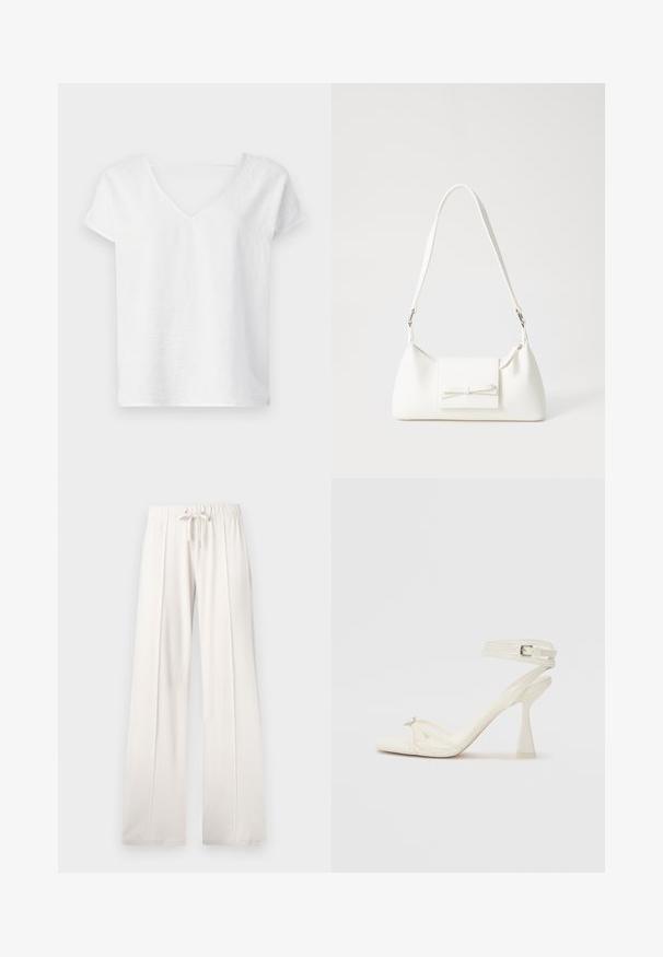 Valge linane särk, millel on lõdva istumisega lõige, lühikesed varrukad ja V-kaelus. Omab kergelt tekstureeritud pinda ja külgslitsid liikumisvabaduse tagamiseks.; Heledad beežid püksid, mis on valmistatud pehmest kangast, millel on paelaga vöökoht, laiad sääred ja vertikaalsed õmblused, lisaks sujuv tekstuur.; Köitmine kõrge kontsaga sandaal valgest nahast, millel on stiilne disain, läbipaistev plokk-konts ja dekoratiivne element varvaste juures.; Valge sünteetilisest materjalist kott kolmnurkse kujuga, lame esiklapiga ja kaaredetailiga, reguleeritava rihmaga, sileda tekstuuriga ja minimalistliku disainiga.