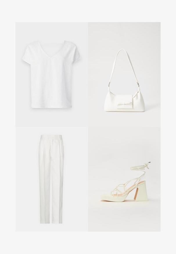 Bílá lněná košile s uvolněným střihem, krátkými rukávy a výstřihem do V. Má mírně texturovaný povrch a postranní rozparky pro snadnější pohyb.; Bílé pruhované kalhoty s rovným střihem, vyrobené z lehkého materiálu. Obsahují záhyby v přední části a tradiční pas.; Bílé sandály na vysokém podpatku s robustním podpatkem, s designem s pásky a zavazováním kolem kotníku. Hladký povrch s platformou vpředu pro zvýšení výšky.; Bílá syntetická kabelka v trojúhelníkovém tvaru, s plochým předním klopným víkem a detailem mašle, nastavitelným popruhem, hladkým povrchem a minimalistickým designem.